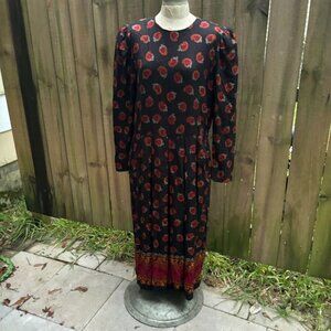 Vintage 80s SABINO PAISLEY Puff Sleeve Modest Midi DRESS 16